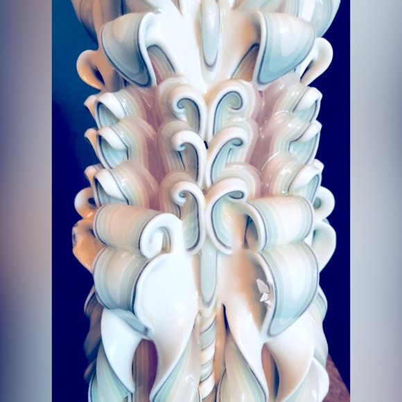 Handmade Carved Candle White with shades of green & shell, pink 12.5" h x 5.5"w - Picture 4 of 14